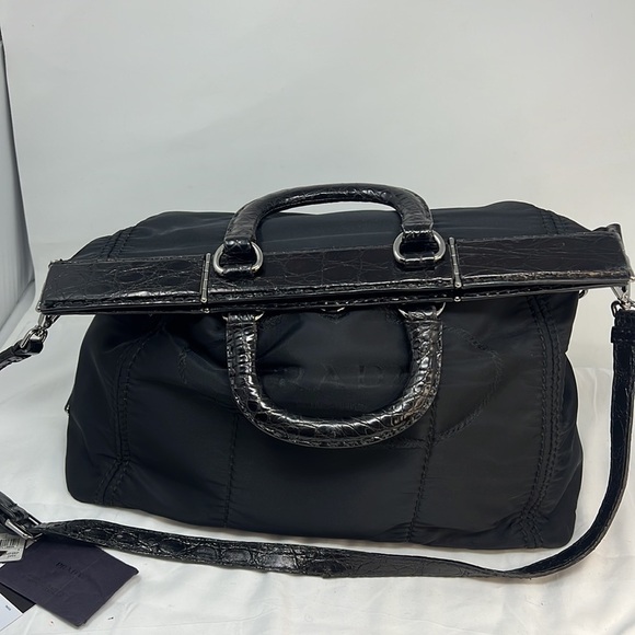 PRADA BLACK NYLON JACQUARD CROCODILE TRIM LARGE SHOPPING SHOULDER BAG - Picture 4 of 16